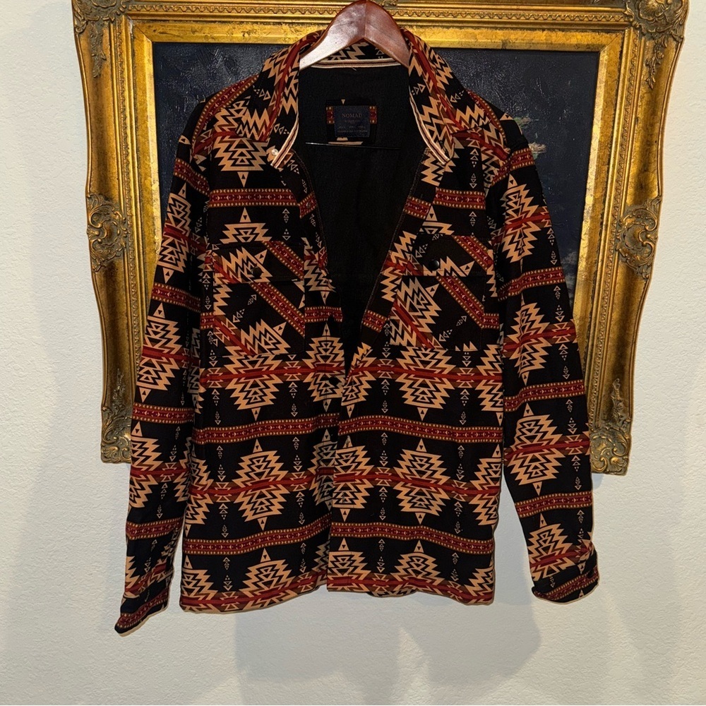 NOMAD Aztec Tribal Print Brown Red Button Front Lightweight Shacket Men’s L